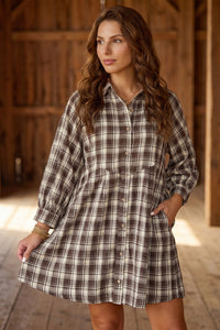 Brown Plaid (100% Cotton) Long Sleeve, Button Up Mini Dress