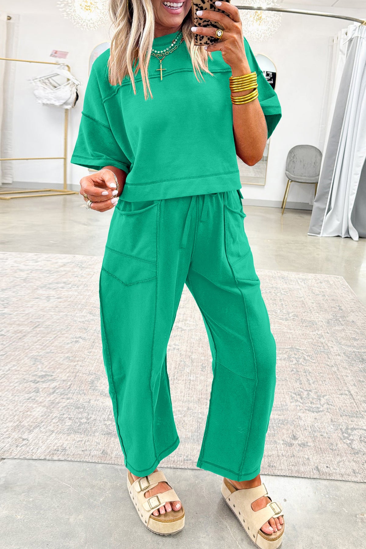 Lounge (Vivid Mint Green) Barrel Pants with Front & Back Pockets
