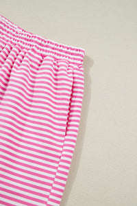 Dark Pink & White Striped Oversized Mock Neck 2Pc Sweatshirt & Shorts Set