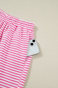 Dark Pink & White Striped Oversized Mock Neck 2Pc Sweatshirt & Shorts Set