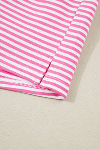 Dark Pink & White Striped Oversized Mock Neck 2Pc Sweatshirt & Shorts Set