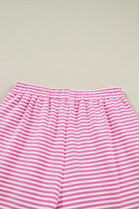 Dark Pink & White Striped Oversized Mock Neck 2Pc Sweatshirt & Shorts Set