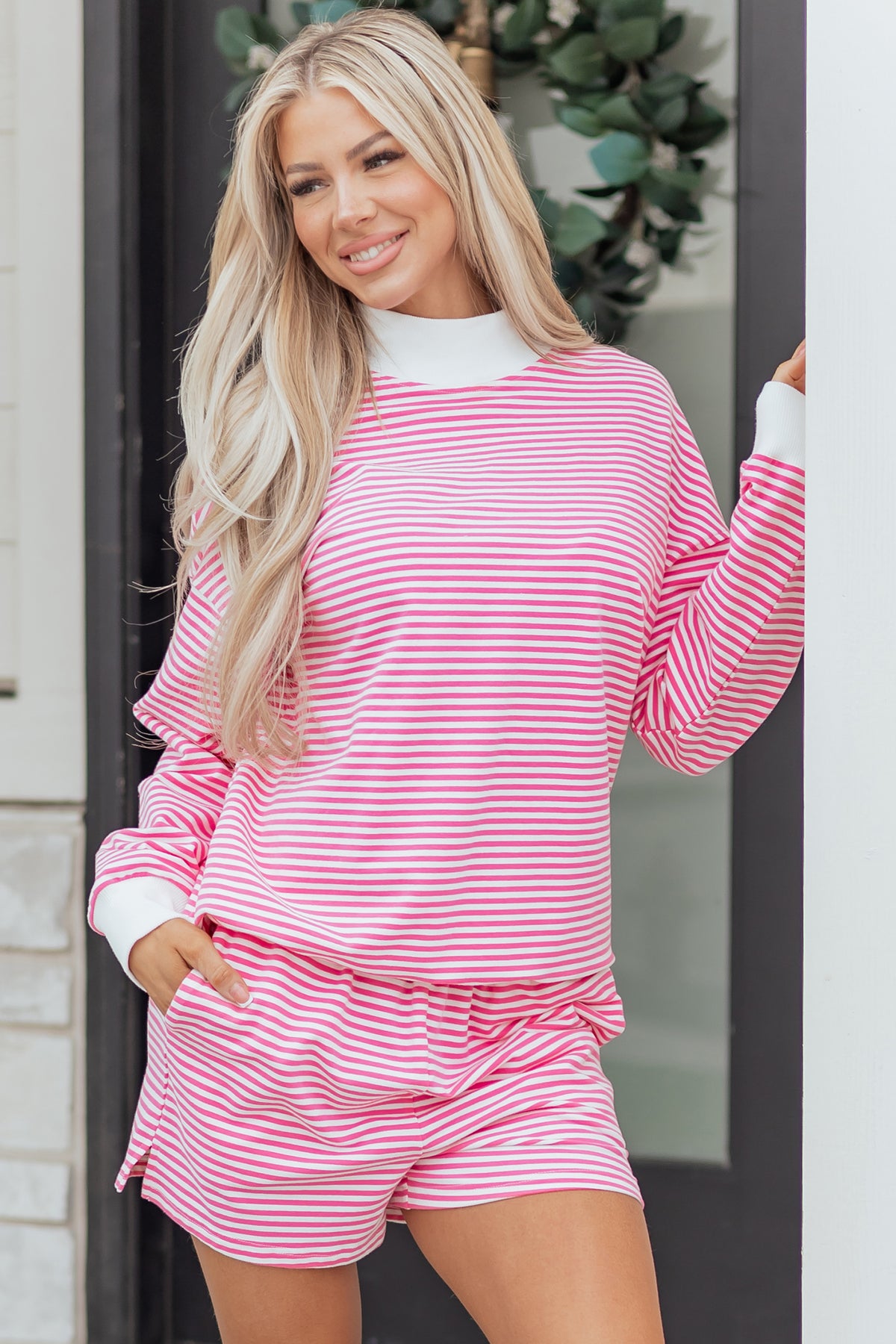 Dark Pink & White Striped Oversized Mock Neck 2Pc Sweatshirt & Shorts Set