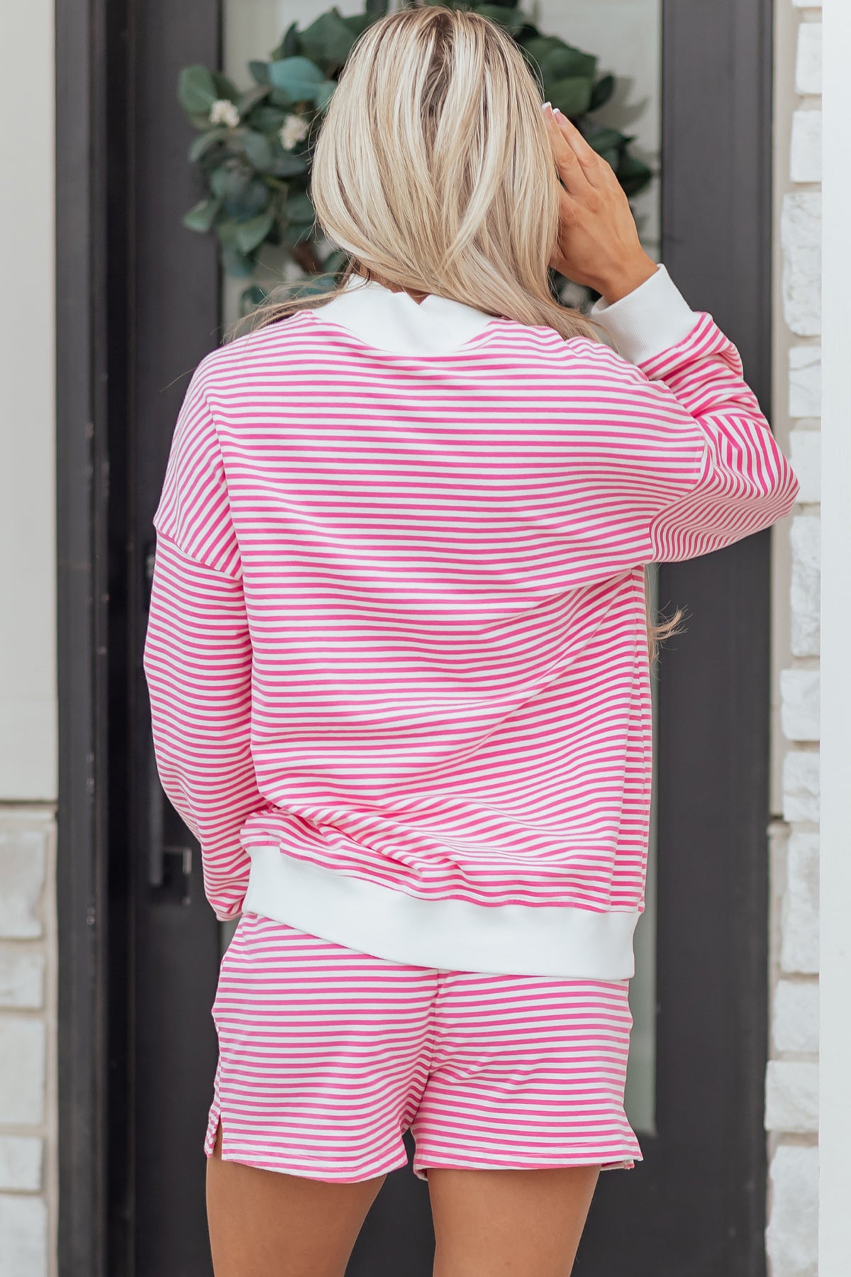 Dark Pink & White Striped Oversized Mock Neck 2Pc Sweatshirt & Shorts Set
