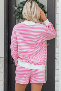 Dark Pink & White Striped Oversized Mock Neck 2Pc Sweatshirt & Shorts Set