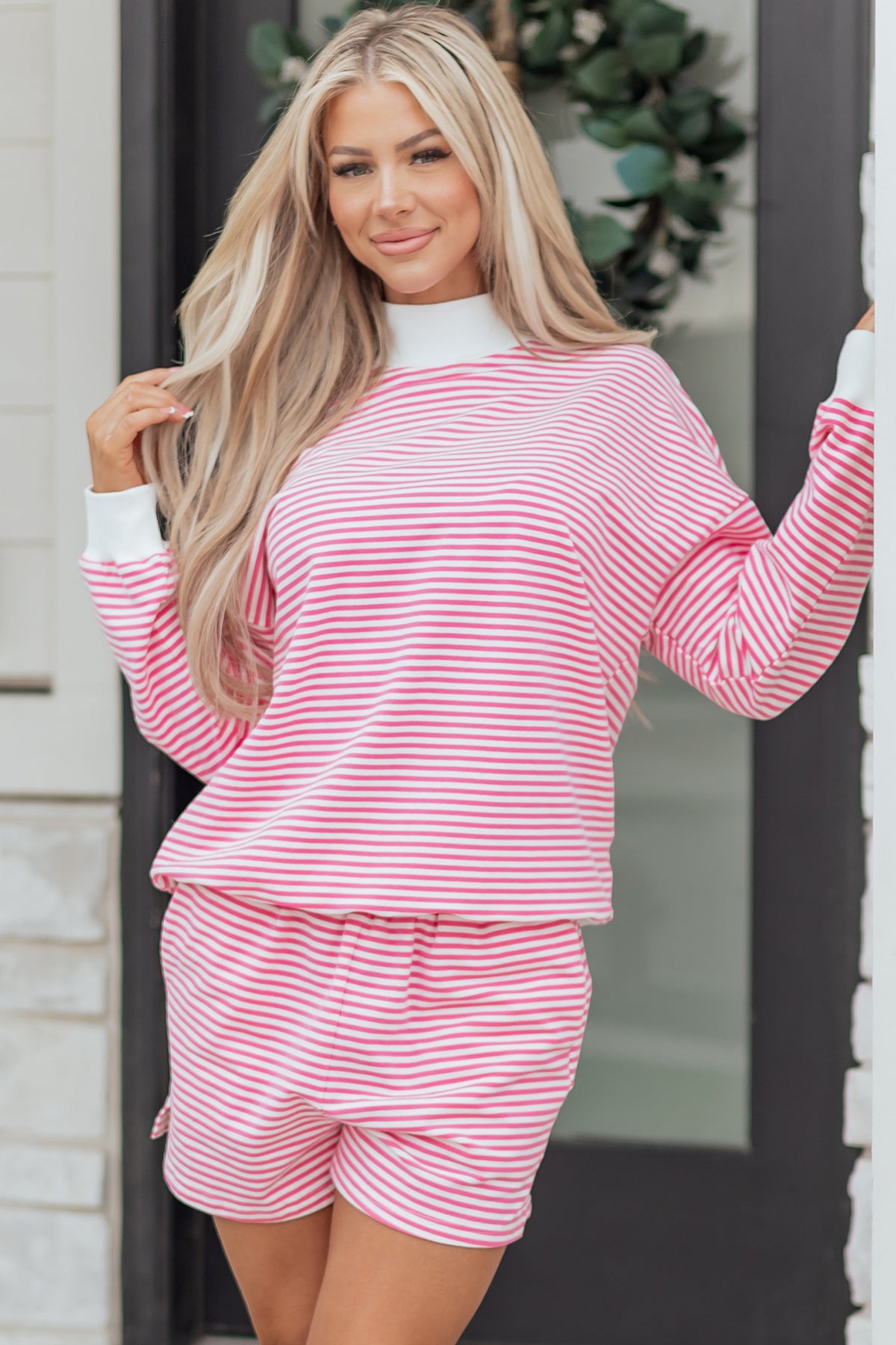 Dark Pink & White Striped Oversized Mock Neck 2Pc Sweatshirt & Shorts Set