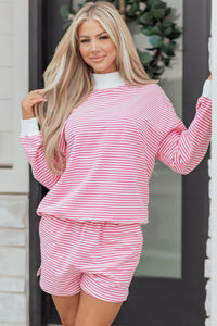 Dark Pink & White Striped Oversized Mock Neck 2Pc Sweatshirt & Shorts Set