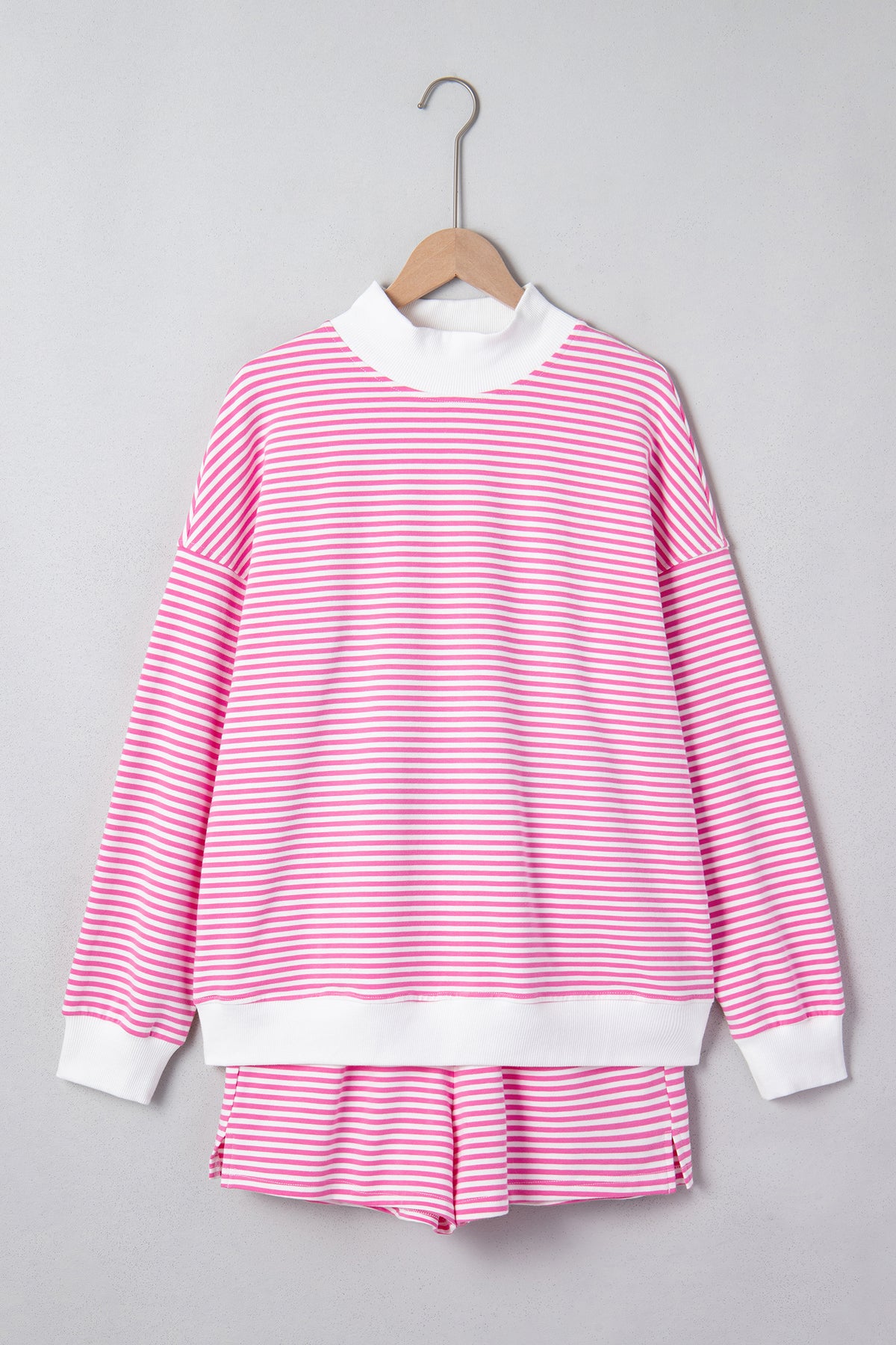 Dark Pink & White Striped Oversized Mock Neck 2Pc Sweatshirt & Shorts Set