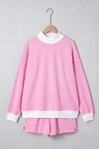 Dark Pink & White Striped Oversized Mock Neck 2Pc Sweatshirt & Shorts Set