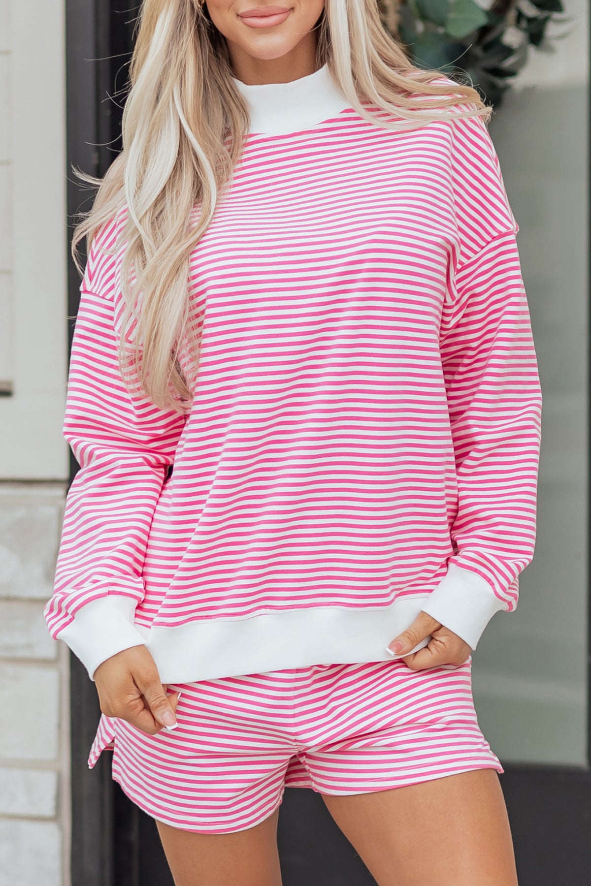 Dark Pink & White Striped Oversized Mock Neck 2Pc Sweatshirt & Shorts Set
