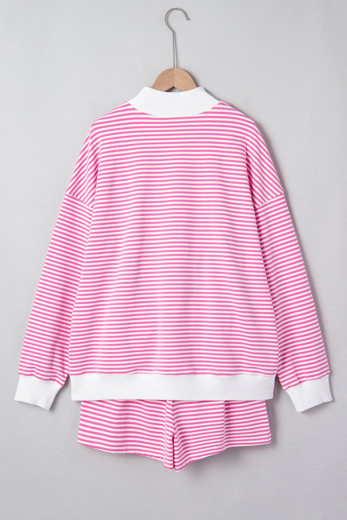 Dark Pink & White Striped Oversized Mock Neck 2Pc Sweatshirt & Shorts Set