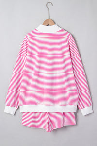 Dark Pink & White Striped Oversized Mock Neck 2Pc Sweatshirt & Shorts Set