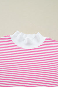 Dark Pink & White Striped Oversized Mock Neck 2Pc Sweatshirt & Shorts Set