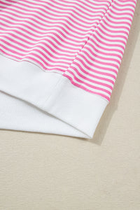 Dark Pink & White Striped Oversized Mock Neck 2Pc Sweatshirt & Shorts Set
