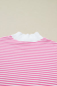 Dark Pink & White Striped Oversized Mock Neck 2Pc Sweatshirt & Shorts Set