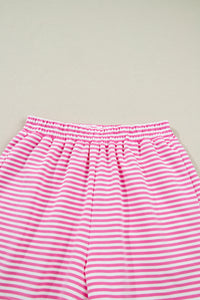 Dark Pink & White Striped Oversized Mock Neck 2Pc Sweatshirt & Shorts Set