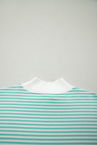 Mint Green & White Striped Oversized Mock Neck 2 Pc Sweatshirt & Shorts Set