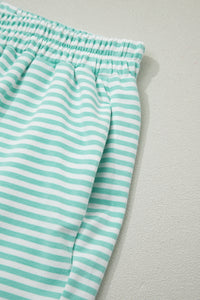 Mint Green & White Striped Oversized Mock Neck 2 Pc Sweatshirt & Shorts Set