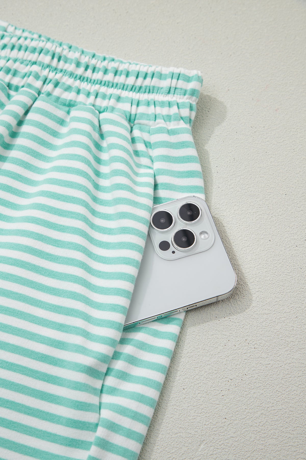 Mint Green & White Striped Oversized Mock Neck 2 Pc Sweatshirt & Shorts Set