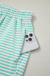 Mint Green & White Striped Oversized Mock Neck 2 Pc Sweatshirt & Shorts Set