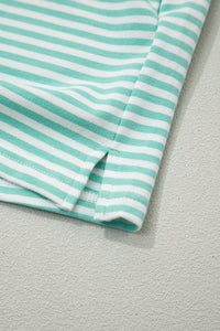 Mint Green & White Striped Oversized Mock Neck 2 Pc Sweatshirt & Shorts Set