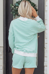 Mint Green & White Striped Oversized Mock Neck 2 Pc Sweatshirt & Shorts Set