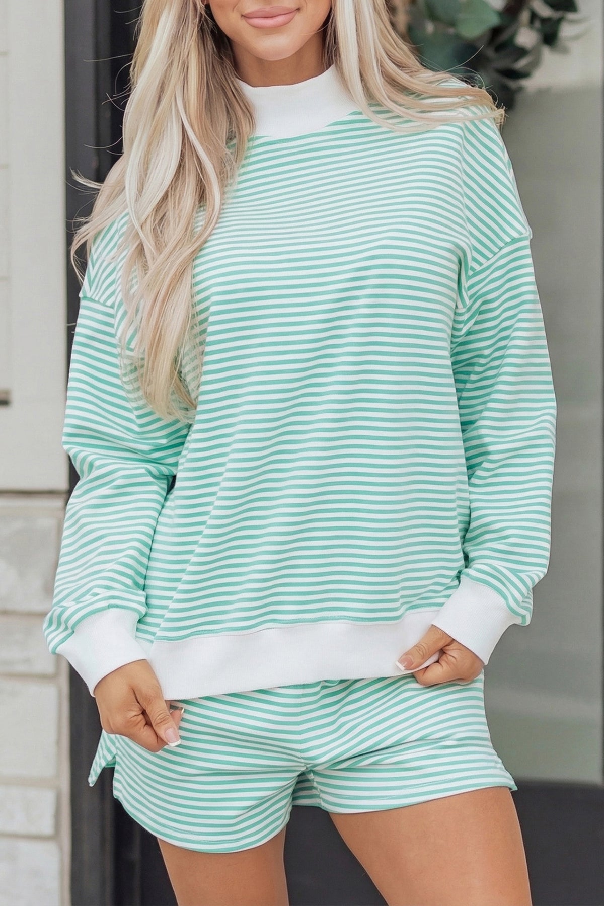Mint Green & White Striped Oversized Mock Neck 2 Pc Sweatshirt & Shorts Set