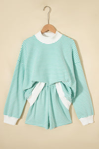 Mint Green & White Striped Oversized Mock Neck 2 Pc Sweatshirt & Shorts Set