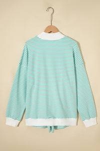 Mint Green & White Striped Oversized Mock Neck 2 Pc Sweatshirt & Shorts Set
