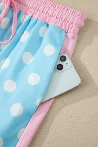 Baby Blue (2 pcs) Polka Dot with Pink Contrast Short Sleeve Top & Pants Lounge Set