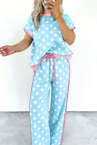 Baby Blue (2 pcs) Polka Dot with Pink Contrast Short Sleeve Top & Pants Lounge Set