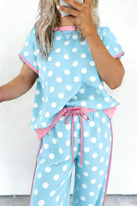 Baby Blue (2 pcs) Polka Dot with Pink Contrast Short Sleeve Top & Pants Lounge Set
