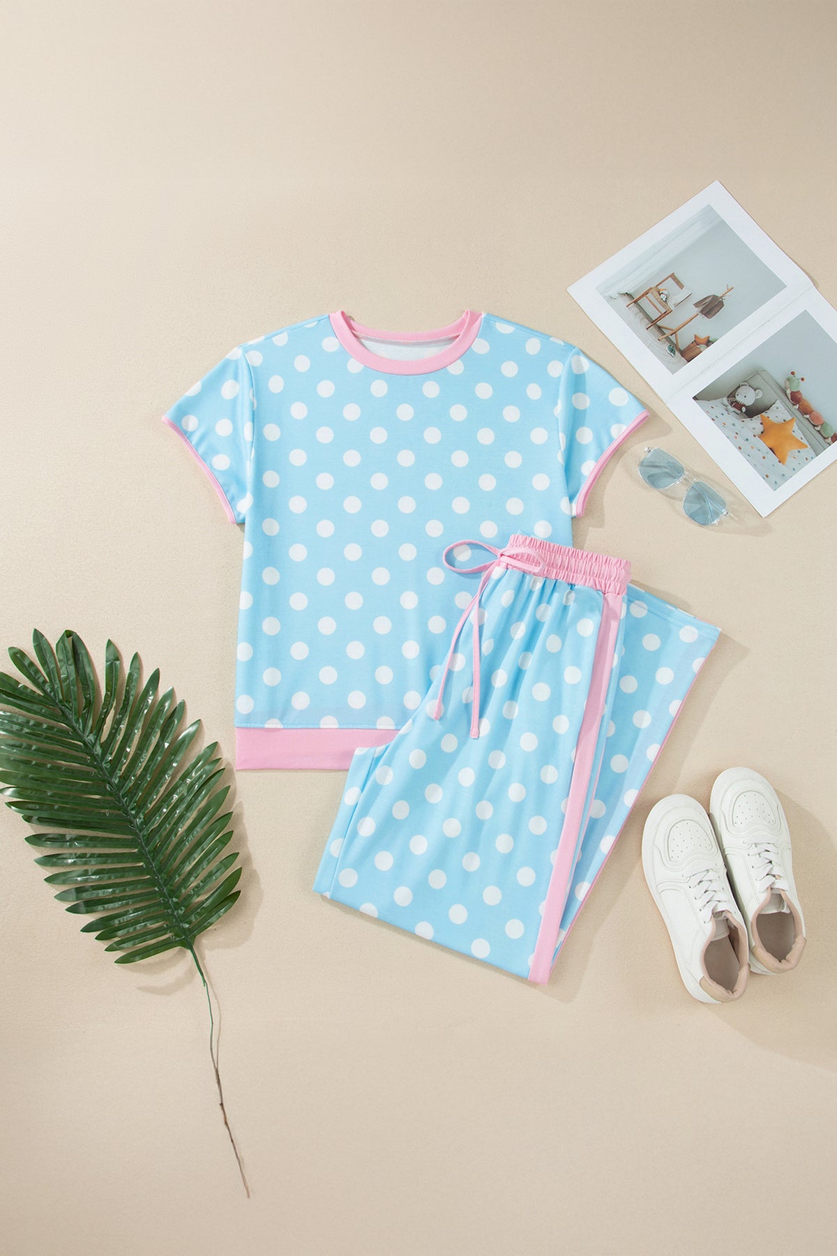 Baby Blue (2 pcs) Polka Dot with Pink Contrast Short Sleeve Top & Pants Lounge Set