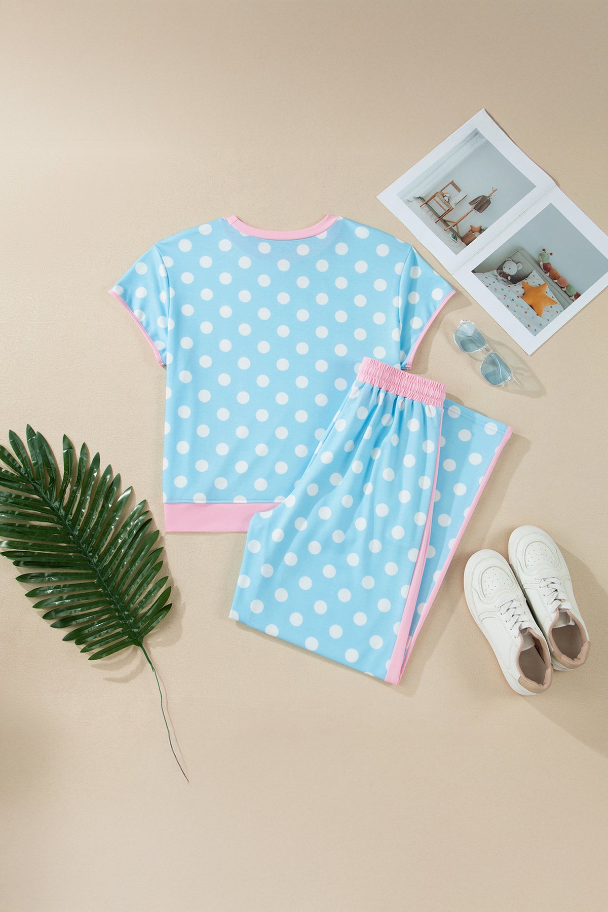 Baby Blue (2 pcs) Polka Dot with Pink Contrast Short Sleeve Top & Pants Lounge Set