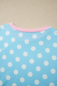 Baby Blue (2 pcs) Polka Dot with Pink Contrast Short Sleeve Top & Pants Lounge Set