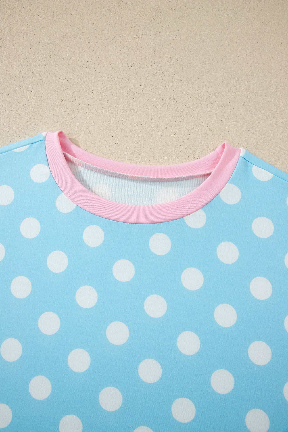Baby Blue (2 pcs) Polka Dot with Pink Contrast Short Sleeve Top & Pants Lounge Set