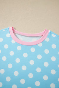 Baby Blue (2 pcs) Polka Dot with Pink Contrast Short Sleeve Top & Pants Lounge Set