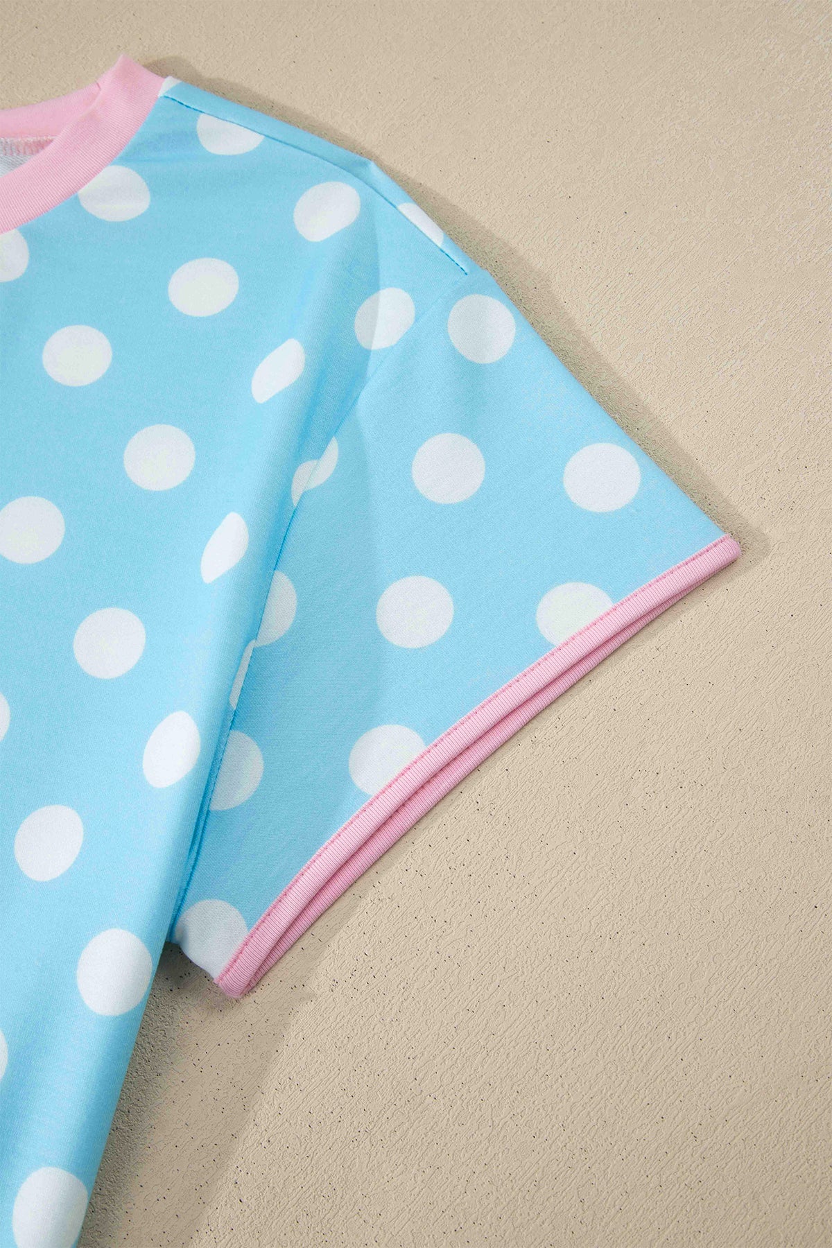 Baby Blue (2 pcs) Polka Dot with Pink Contrast Short Sleeve Top & Pants Lounge Set