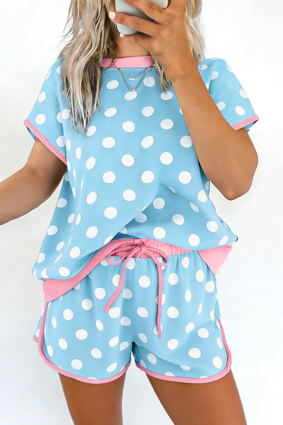 Baby Blue Polka Dot Drawstring Lounge Shorts w/Pink Contrast