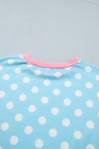 Baby Blue Polka Dot Short Sleeve Lounge Top w/Pink Contrast