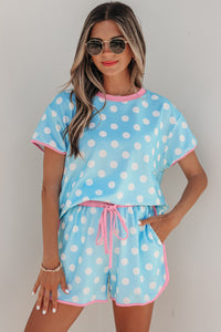 Baby Blue Polka Dot Short Sleeve Lounge Top w/Pink Contrast