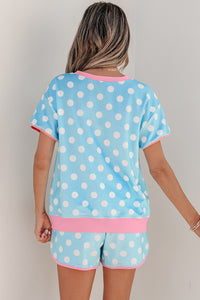 Baby Blue Polka Dot Drawstring Lounge Shorts w/Pink Contrast