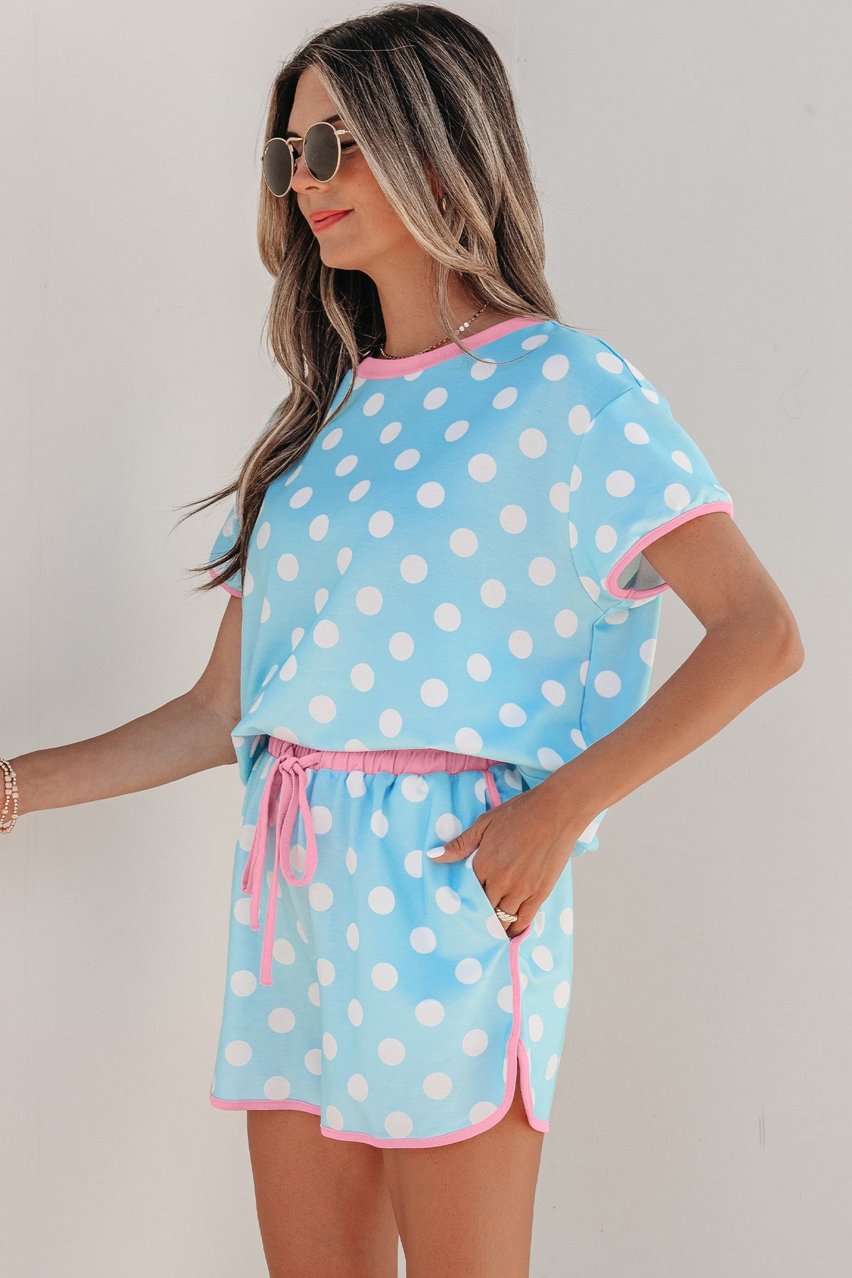 Baby Blue Polka Dot Short Sleeve Lounge Top w/Pink Contrast