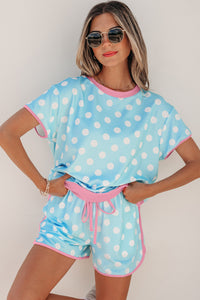 Baby Blue Polka Dot Drawstring Lounge Shorts w/Pink Contrast