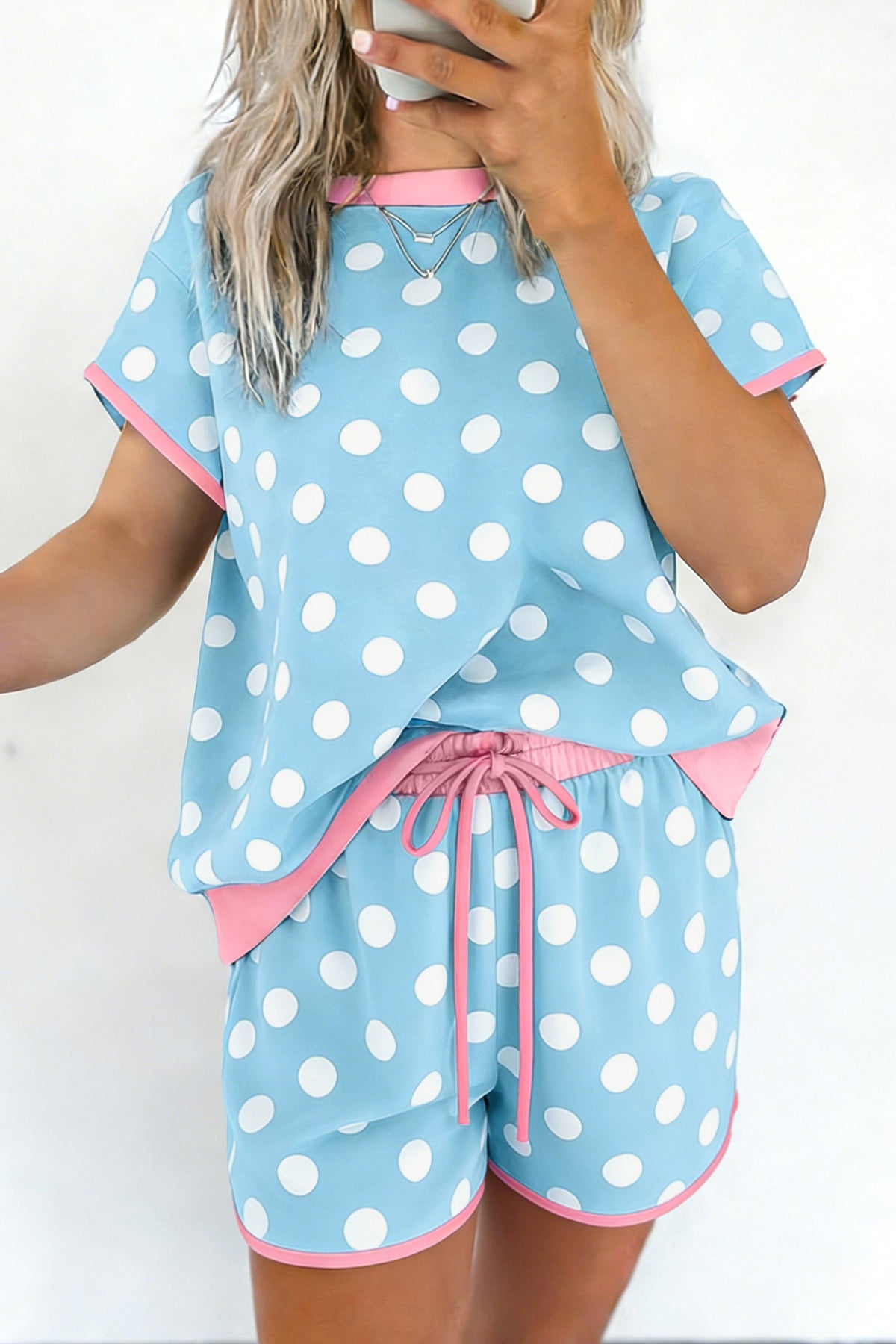 Baby Blue Polka Dot Drawstring Lounge Shorts w/Pink Contrast