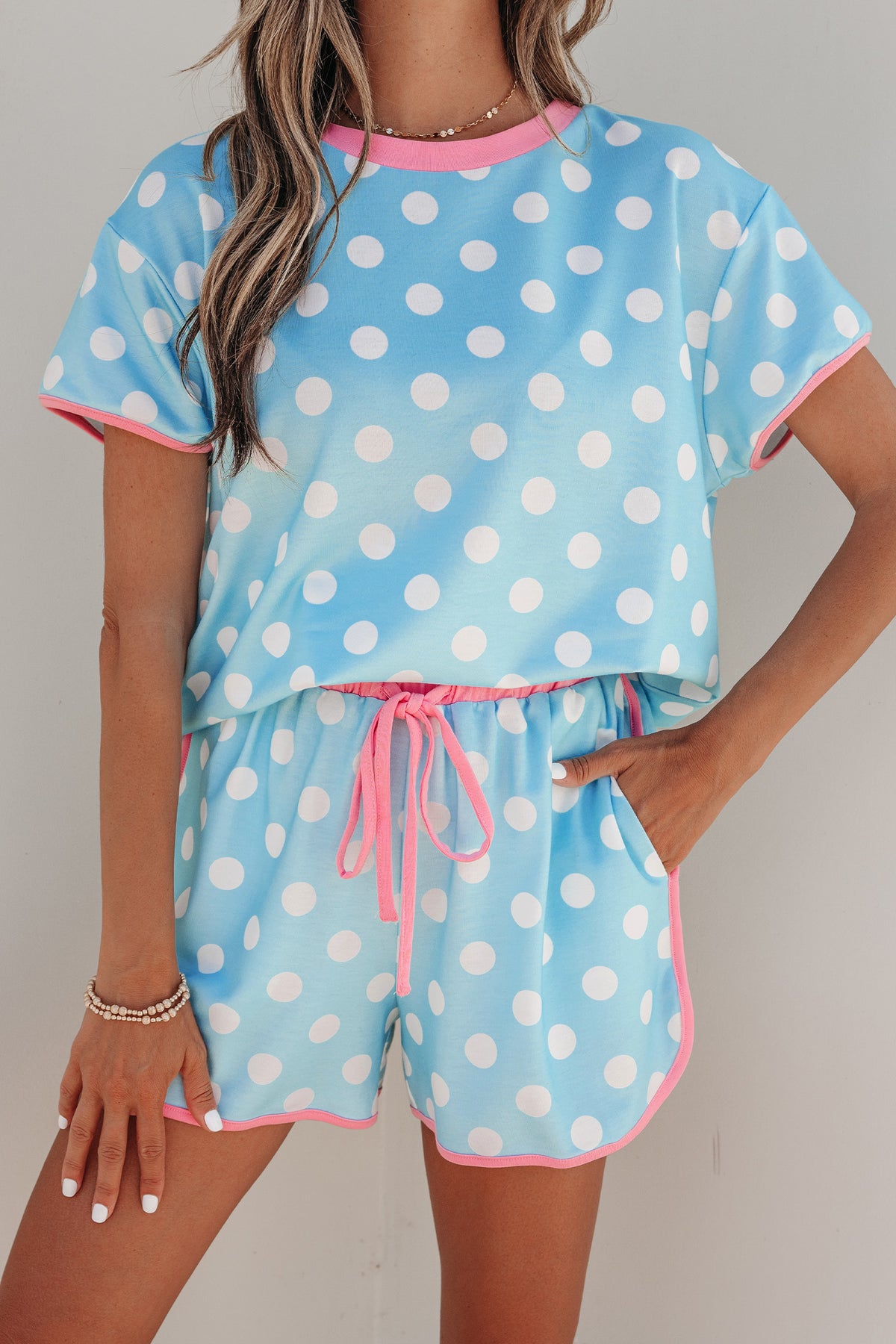 Baby Blue Polka Dot Short Sleeve Lounge Top w/Pink Contrast