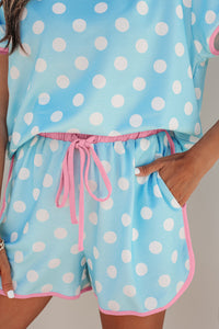Baby Blue Polka Dot Drawstring Lounge Shorts w/Pink Contrast