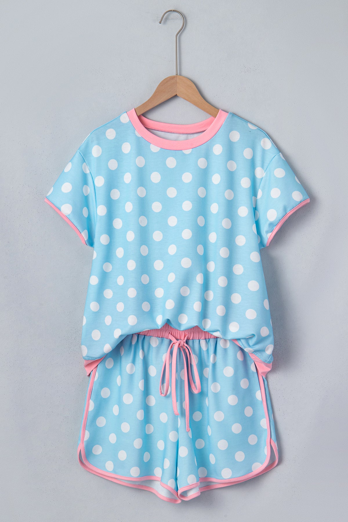Baby Blue Polka Dot Short Sleeve Lounge Top w/Pink Contrast