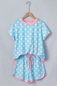 Baby Blue Polka Dot Short Sleeve Lounge Top w/Pink Contrast