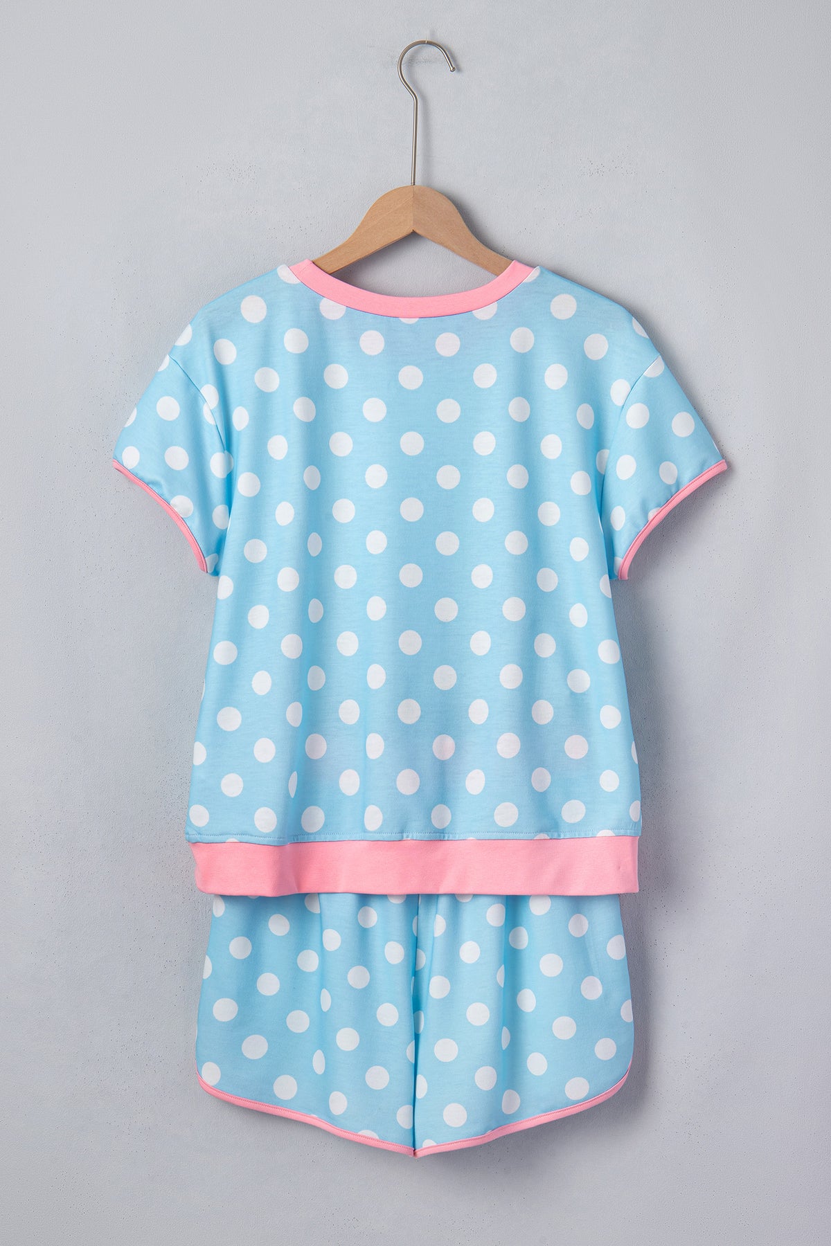 Baby Blue Polka Dot Short Sleeve Lounge Top w/Pink Contrast